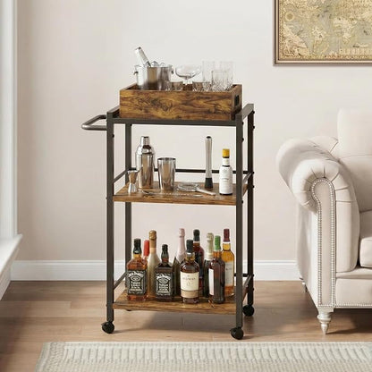 3-Tier Rolling Bar Cart with Removable Tray for Home Kitchen | Rolling Wheels with Handle, 3-Tier Storage, Removable Serving Tray, Sturdy Frame, Multi-Purpose for Kitchen & Bar Use