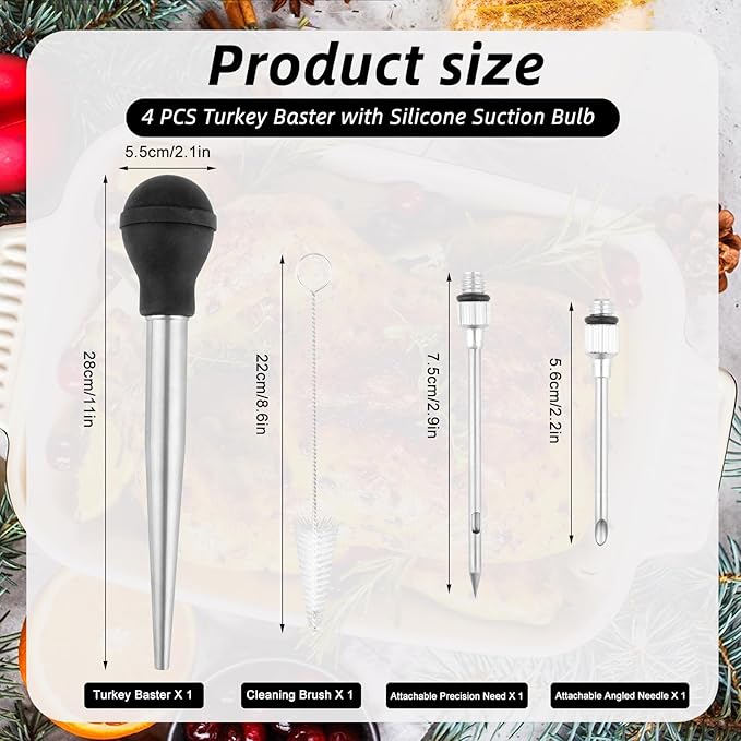 304 Stainless Steel Large Turkey Baster for Cooking,Food Grade Baster Syringe and Silicone Suction Bulb,with 2 Detachable Needles1 Cleaning Brush,for Kitchen,BBQ,Grill Baking,Meat Injection (Black)