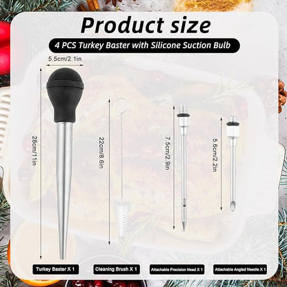 304 Stainless Steel Large Turkey Baster for Cooking,Food Grade Baster Syringe and Silicone Suction Bulb,with 2 Detachable Needles1 Cleaning Brush,for Kitchen,BBQ,Grill Baking,Meat Injection (Black)