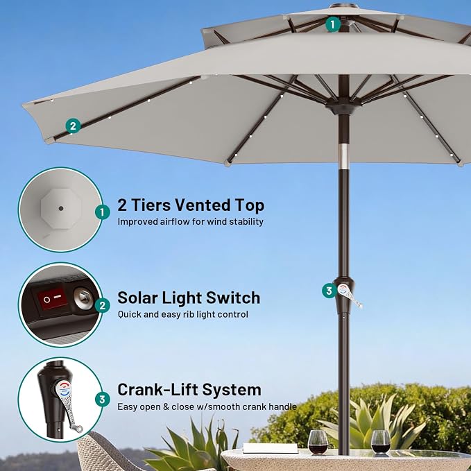 AreShark 9ft 2 Tiers Patio Umbrella with Solar Lights, Outdoor Umbrella w/ 32 LED Lights&8 Sturdy Ribs, Table Umbrella for Deck, Backyard, Pool(Light Gray)