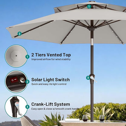 AreShark 9ft 2 Tiers Patio Umbrella with Solar Lights, Outdoor Umbrella w/ 32 LED Lights&8 Sturdy Ribs, Table Umbrella for Deck, Backyard, Pool(Light Gray)