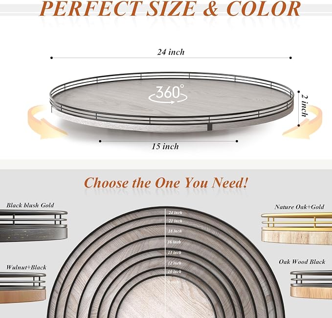AMH 24-Inch Whitewashed Farmhouse Wooden Lazy Susan Organizer | Smooth rotating oak tray with walnut finish for dining tables, kitchen counters, pantries and cabinet storage.