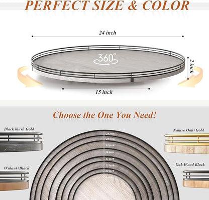 AMH 24-Inch Whitewashed Farmhouse Wooden Lazy Susan Organizer | Smooth rotating oak tray with walnut finish for dining tables, kitchen counters, pantries and cabinet storage.