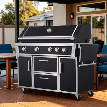 Black 49" Stainless Steel Natural Gas Grill, 4 Burners & Infrared Burner | 304 Stainless Steel 99,000 BTU Infrared Burner Professional Outdoor Cooking Warming rack Storage drawers Gliding wheels