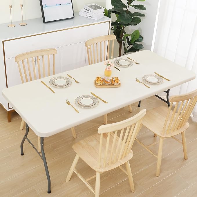 Smiry 2 Pack Rectangle Tablecloth, Elastic Fitted Flannel Backed Vinyl Tablecloths for 6ft Folding Tables, Waterproof Wipeable Table Covers for Outdoor, Indoor, Picnic and Camping (Beige, 30"x72")