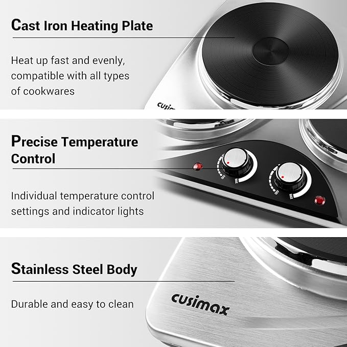 Double Burner, CUSIMAX Electric Hot Plate for Cooking, 1800 Watts Portable Countertop Burner, Cast Iron Hot Plates with Dual Adjustable Temperature, Easy to Clean, Sliver