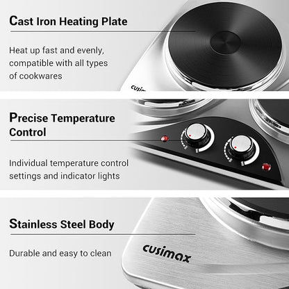 Double Burner, CUSIMAX Electric Hot Plate for Cooking, 1800 Watts Portable Countertop Burner, Cast Iron Hot Plates with Dual Adjustable Temperature, Easy to Clean, Sliver