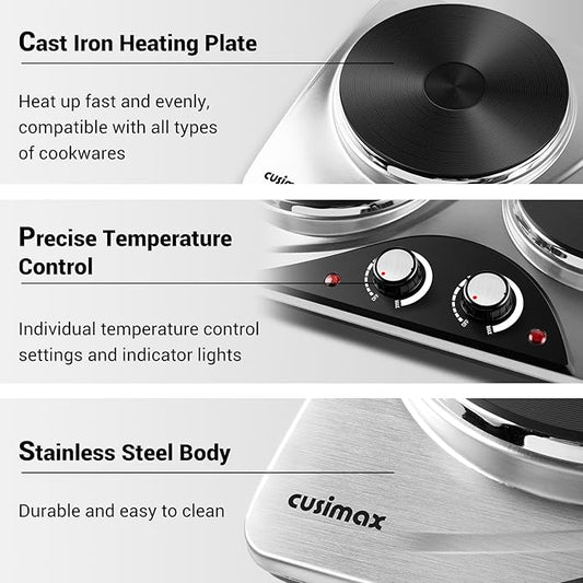Double Burner, CUSIMAX Electric Hot Plate for Cooking, 1800 Watts Portable Countertop Burner, Cast Iron Hot Plates with Dual Adjustable Temperature, Easy to Clean, Sliver