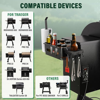Goldusk Storage Bin for Traeger Grills with Paper Towel Holder and Drink Holder Accessories Outdoor Grill for Traeger Ironwood 650/885, PRO 575/780/34/22, for Pit boss, for Z-Grills Smoker Accessories