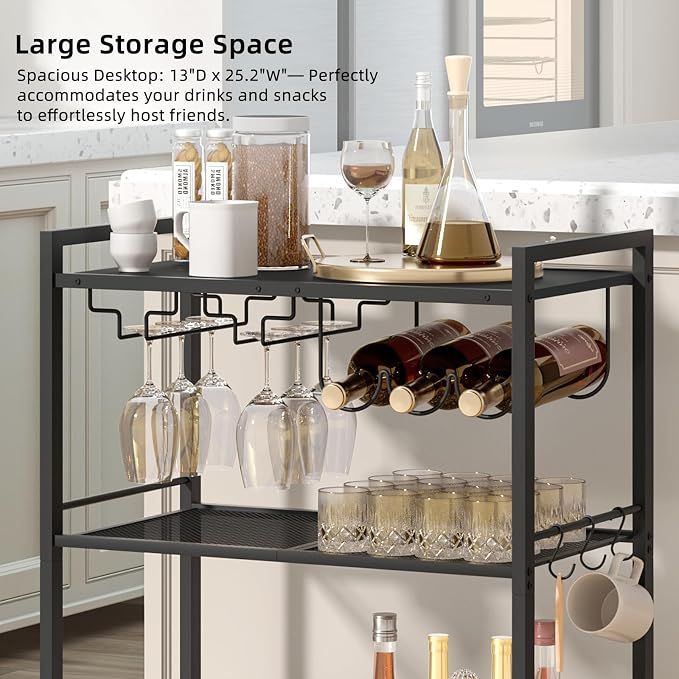 Joaxswe Bar Cart,3-Tier Home Bar Serving Cart with Lockable Wheels,Black | Microwave Cart,Mobile Kitchen Shelf,Rolling Beverage Cart with Wine Rack and Glass Holder for Kitchen,Dinning Room