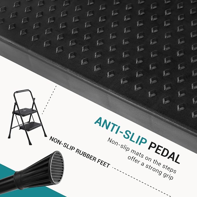 OLIXIS 2 Step Ladder, 880lbs Heavy Duty Step Stool with Anti-Slip Pedal | Portable Stepping Stool with Sturdy Ladder & Comfortable Handrail, for Kitchen, Garage & Outdoor Use, Black