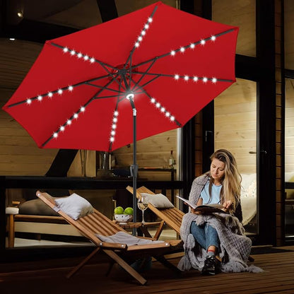 FLAME&SHADE Solar Patio Umbrella with a Centre Light, 9 FT Red | 40 LED Lights, UV Protection, Waterproof, Porch Deck Outdoor Umbrella for Pool, Backyard, Garden, Provides Evening Lighting