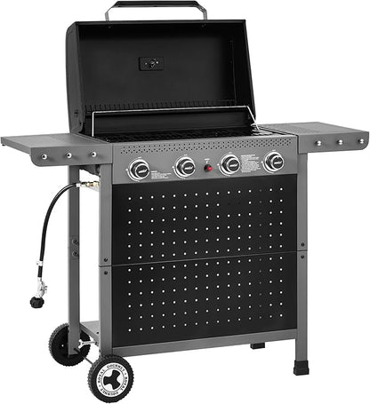 Royal Gourmet GL4001 4-Burner Gas Grill with Pegboard, 500 Sq. In. Cooking Area, 26,000 BTU, Foldable Side Shelves with Hooks, Ideal for Backyard and Patio, Black & Cool Gray