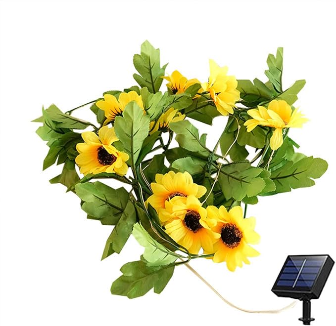 Solar Sunflower String Lights Outdoor Waterproof, 16FT 50LED,Yellow | Artificial Flower Fairy String Lights Sunflower Garland with Lights for Garden Patio Fence Yard