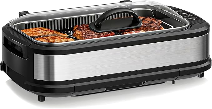 Electactic Indoor Smokeless Grill & Griddle, Nonstick Electric Grill with Adjustable Temperature Control, Dishwasher-Safe Parts and Auto Shut-Off for Everyday Cooking