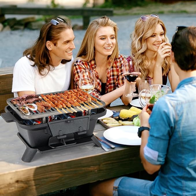 Hibachi Grill, Portable Cast Iron Charcoal Grill with Air Regulating Door & Fire Gate, Grate Lifter, Small Tabletop Japanese Yakitori Grill for Outdoor Camping, Picnic, Party (Rectangle)