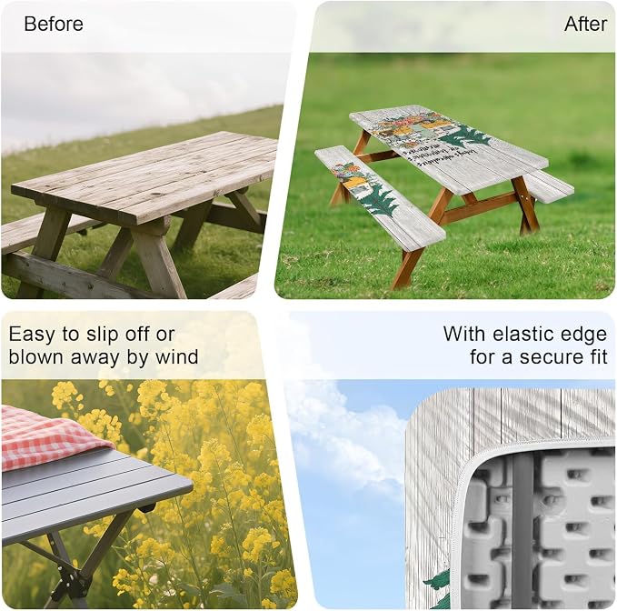 Picnic Table Cover with Bench Covers –Waterproof Windproof Camping Tablecloth with Drawstring Bag,Fitted 72in Rectangle Tables and Seats,Camper Floral Design,Camping Essentials for Patio,Park,Backyard