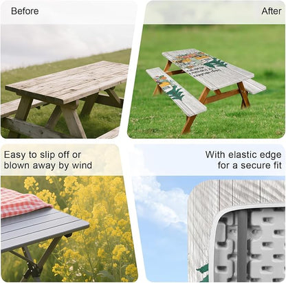 Picnic Table Cover with Bench Covers –Waterproof Windproof Camping Tablecloth with Drawstring Bag,Fitted 72in Rectangle Tables and Seats,Camper Floral Design,Camping Essentials for Patio,Park,Backyard
