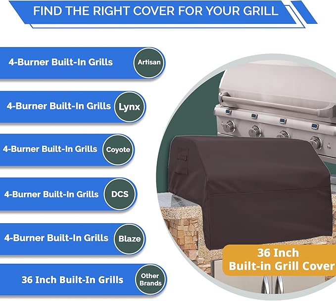 Covers & All Built-in Grill Cover for Outdoor Grill – Heavy Duty 18 oz Waterproof Built-in BBQ Grill Cover, PVC-Coated Polyester with Elastic Hem for Snug Fit (36 x 26 x 24 inches, Coffee)