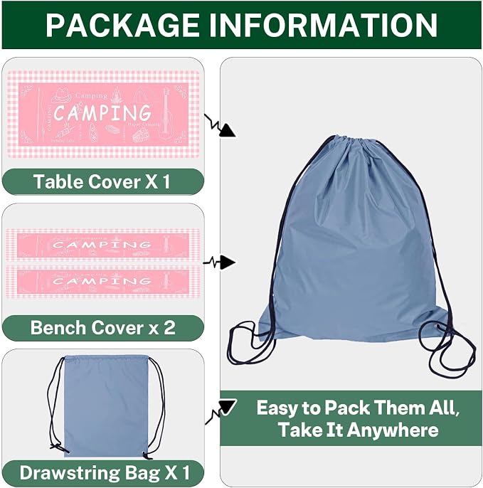 Picnic Table Cover with Bench Covers Elastic Edges, Pink Camper Fitted Table Cover, Outdoor Patio Camping Essentials 72 Inch 3PCS, Waterproof Camping Fitted Tablecloth with Drawstring Bag