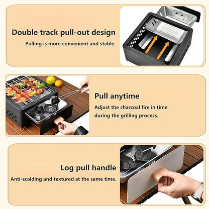 Desk Tabletop Outdoor Charcoal Grill Portable Small BBQ Grill Easy Assembly with Grid Lifter and Stainless Steel Grill Grate for Camping Picnics Garden Beach Party(Black B)