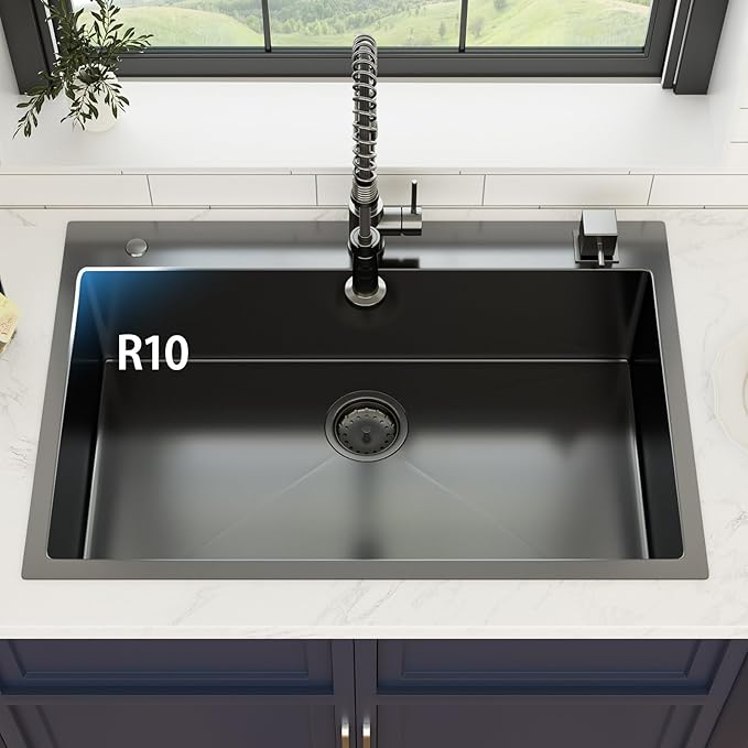 33 Inch Gunmetal Black Drop In Kitchen Sink 33 x 22 Kitchen Sink 18 Gauge Stainless Steel Single Bowl Topmount Sink with Nano Coating, 33x22x9