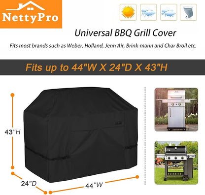 NettyPro Grill Cover for Outdoor Grill 44 Inch Waterproof Heavy Duty, Black | 2-3 Burner Gas BBQ Cover for Outside, UV Protection, Windproof Strap, Air Vent, Fits Weber, Char-Broil, Brinkmann Barbecue