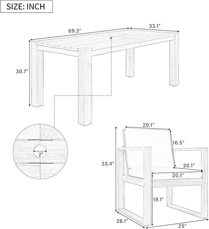 Merax Patio Table and Chairs Set, Outdoor Dining Set for 6 with Umbrella Hole, 7 Piece Outdoor Patio Furniture Set Wood Frame with Removable Cushion for Garden, Backyard, Lawn, and Poolside