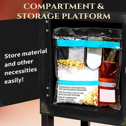 20 Oz Popcorn Machine with Cart, Vintage Movie Theater Style Pop Corn Popper with 16" Bicycle-Style Wheels & a Cabinet for Home Theater, Parties, Events, Black