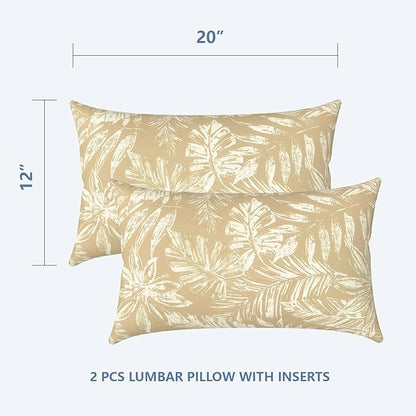 LVTXIII Set of 2 Patio Lumbar Pillows, 12" x 20" Fade Resistant Outdoor Lumbar Pillow with Inners, Fluffy Decorative Garden Lumbar Cushions for Home Patio Coach Sofa Use, Tropical Leaf Oat