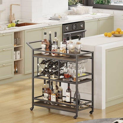 Bar Cart for The Home with Wine Rack and Glasses Holder, Small Home Bar Serving Cart on Wheels for Liquor and Alcohol (Walnut Brown)