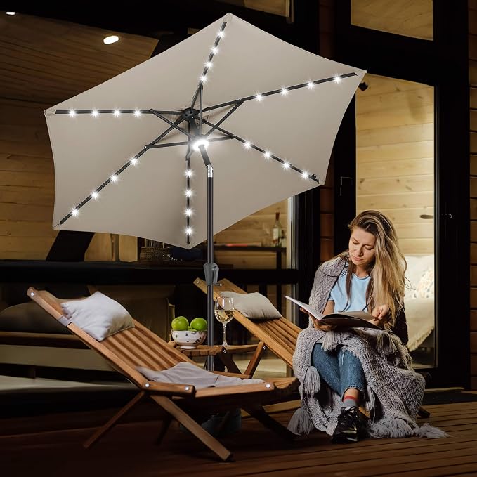 FLAME&SHADE Solar Patio Umbrella with Centre Light, 7.5 FT Taupe | UV Protection, Small Solar Outdoor Umbrella for Porch, Deck, Backyard, Garden, Provides Evening Lighting, 24 LED Lights