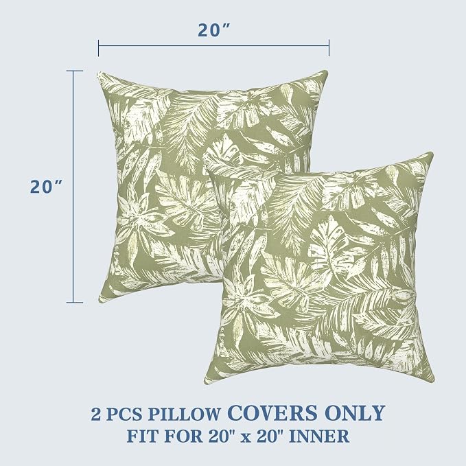 LVTXIII Outdoor Pillow Covers 20x20 Inch, 2 Pack Large Square Throw Pillow Cases, Fade-Resistant Cushion Covers for Patio Furniture Sofa, Garden Porch, Tropical Leaf Green
