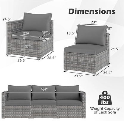 Tangkula 3 Seat Outdoor Wicker Sofa Set, Modular PE Rattan Patio Cushioned Sectional Couch Set, Outside Furniture Set for Deck, Backyard, Porch, Garden & Poolside (Grey)