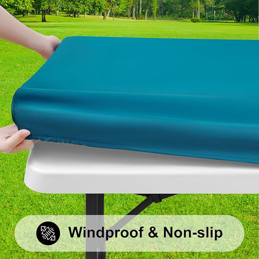 Smiry Rectangle Tablecloth, Elastic Fitted Flannel Backed Vinyl Tablecloths for 8ft Folding Tables, Waterproof Wipeable Table Covers for Indoor, Outdoor, Picnic and Camping (Turquoise, 30"x96")