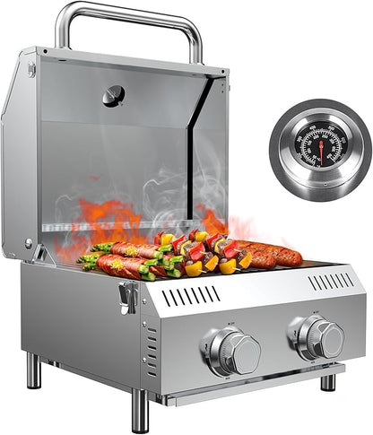 Llamaviva Tabletop Propane Gas Grill, 2 Burner 20,000 BTU Stainless Steel Portable BBQ Grill, Compact Outdoor Grill for Camping, RV, Patio, Tailgating, Picnic, Backyard Cooking
