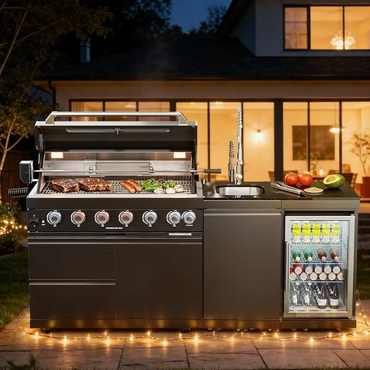 82" Natural Gas Outdoor Kitchen Island with Grill, 6-Burner 85,000 BTU BBQ Island, 304 Stainless Steel, Refrigerator, Sink & Rotisserie, Black