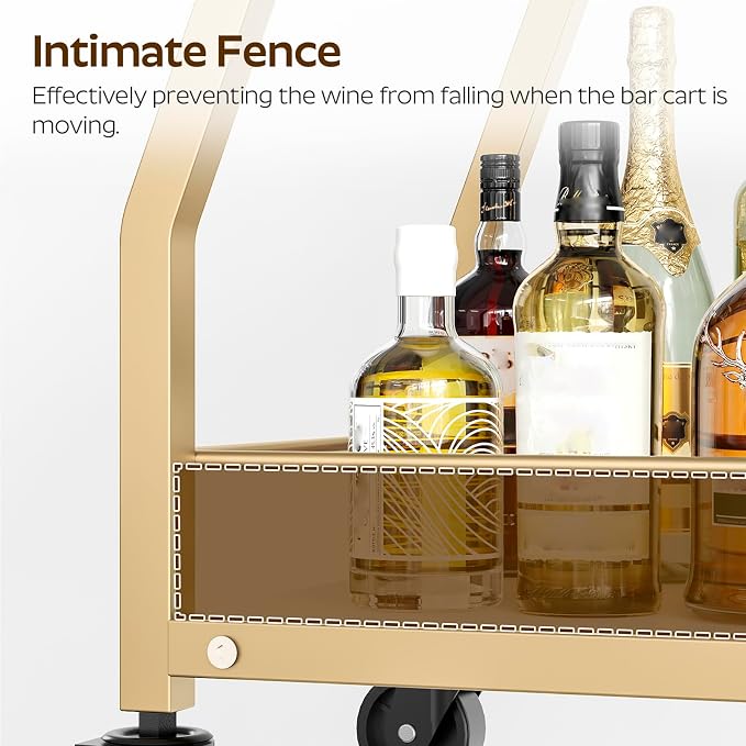 Bar Cart, 3-Tier Home Bar Serving Cart with Wheels, Drink Cart with Glass Holder, Beverage Cart, Rolling Kitchen Cart, for Home, Living Room, Gold BC03DW