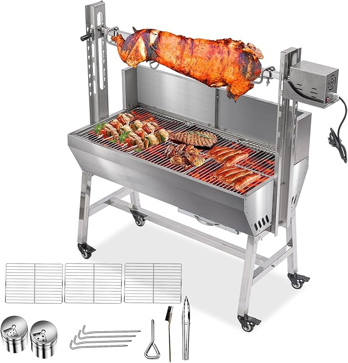 25W Stainless steel pig roaster rotisserie grill, 34.6-inch rated 132-pound barbecue grill suitable for outdoor camping kitchens