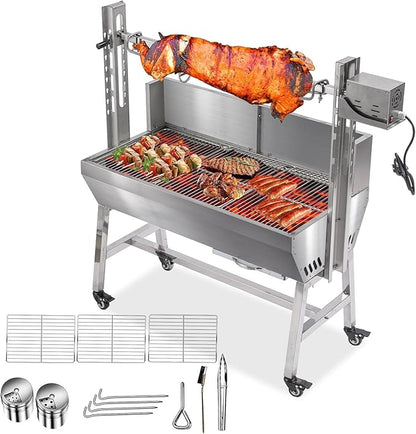 25W Stainless steel pig roaster rotisserie grill, 34.6-inch rated 132-pound barbecue grill suitable for outdoor camping kitchens