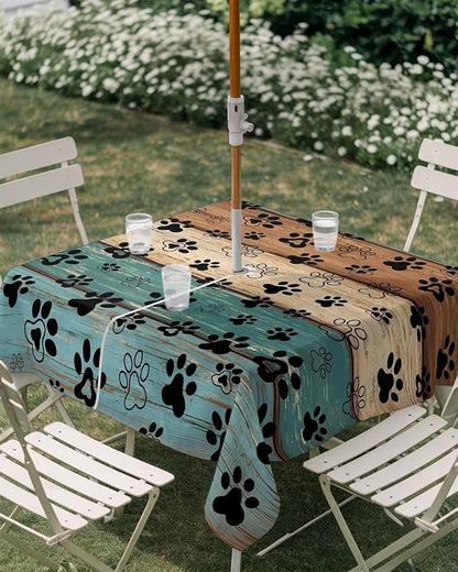 Dog Paw Print Outdoor Tablecloth - 54x54 Inch Square Dining Table Cover, Rustic Teal Brown Beige Wooden Farmhouse Waterproof Outdoor Table Cloth with Umbrella Hole & Zipper for Picnic/Patio/Party