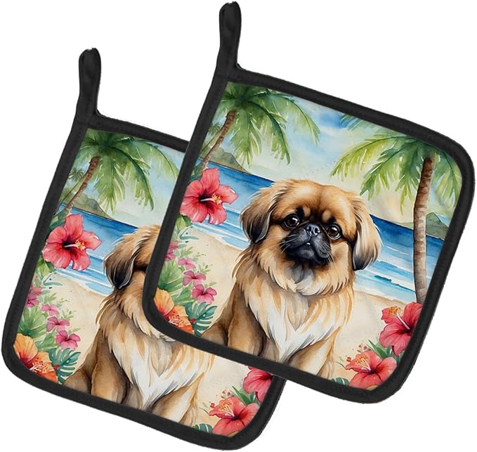 Caroline's Treasures Pekingese Luau Pair of Pot Holders Kitchen Heat Resistant Pot Holders Sets Oven Hot Pads for Cooking Baking BBQ, 7 1/2 x 7 1/2