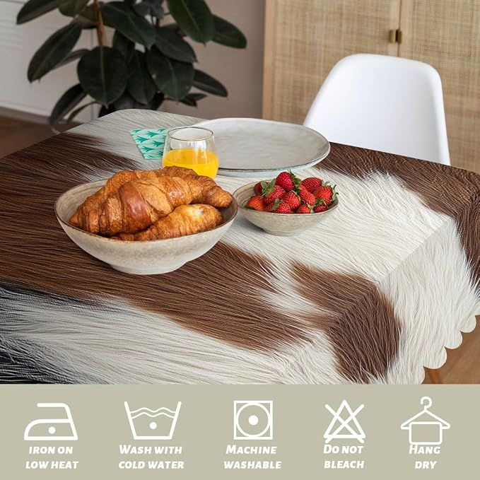 Cow Fur Table Cloth Brown White Spots Animal Fur Polyester Tablecloth Kitchen Table Cover for Dining BBQ Picnic Coffee Table 52 x 70 Inch 4-6 Seats