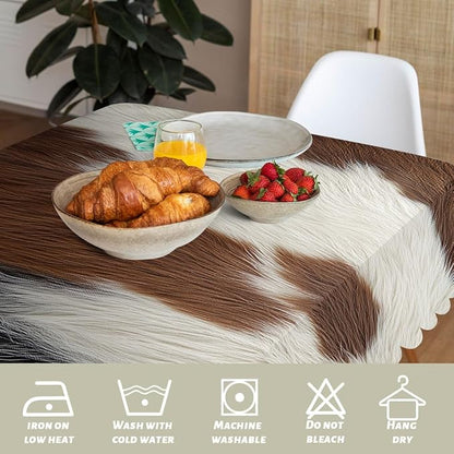 Cow Fur Table Cloth Brown White Spots Animal Fur Polyester Tablecloth Kitchen Table Cover for Dining BBQ Picnic Coffee Table 52 x 70 Inch 4-6 Seats