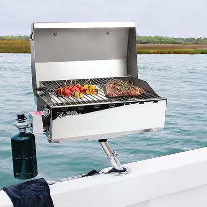 Camco Kuuma Stow N Go 125 Stainless Steel Gas Grill with Latch, Handle, and Pedestal Mount for Patio, Lawn, and Garden, Silver