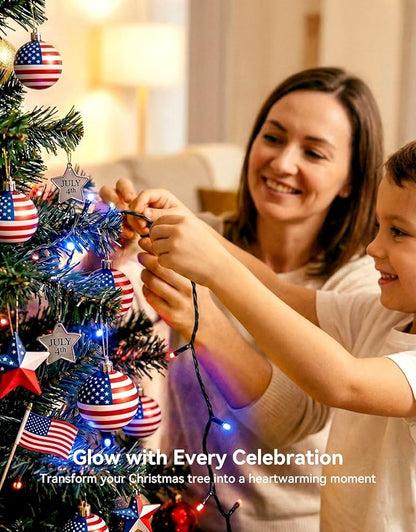 LitHome 4th of July Decorations Outdoor Waterproof, 99FT 300 LED String Lights Outdoor Red White and Blue, 8 Modes String Lights with Timer & Memory for Independence Day Tree Holiday Party