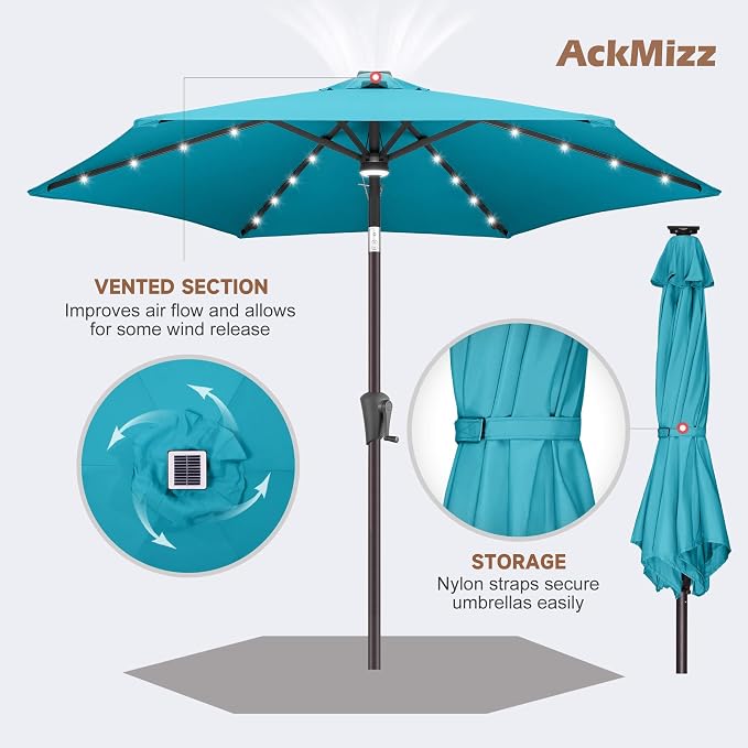 Solar Patio Umbrella with Centre Light, 7.5 ft Aqua Blue | 24 LED Lights, UV Protection, Small Solar Outdoor Umbrella for Porch, Deck, Pool, Table, Garden, Provides Evening Lighting