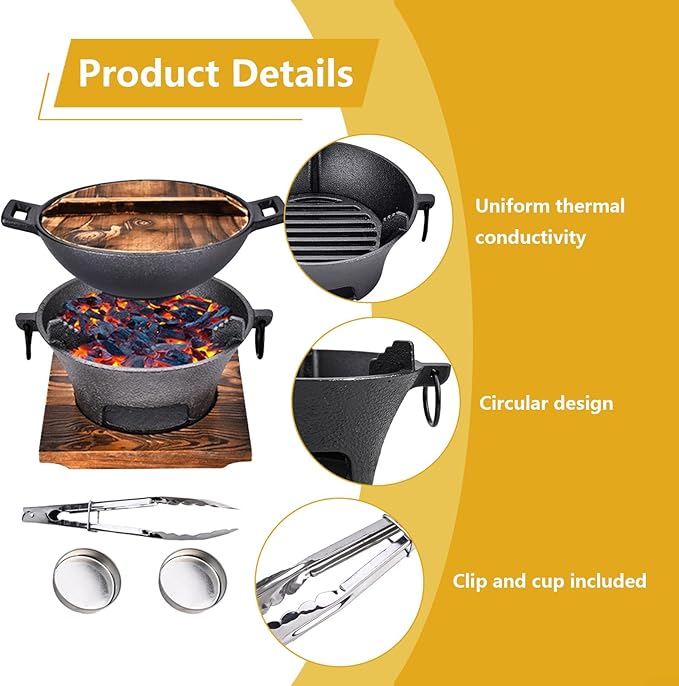 Cast Iron Charcoal Stove Korean BBQ Grill Japanese Style Cooktop Portable Outdoor Cooking Equipment with Clip and Cup Set(19.5cm)
