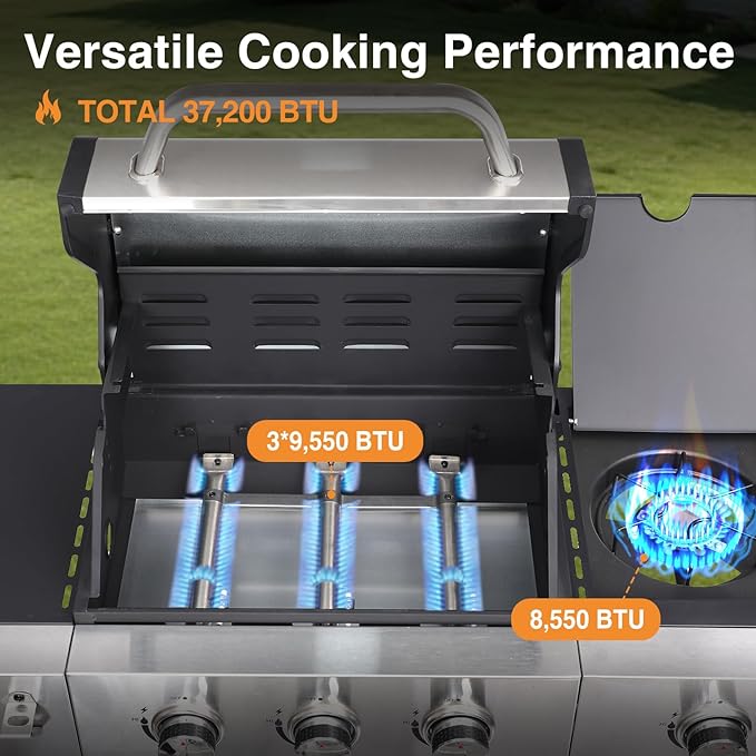 3 Burner Propane Gas Grill, 39,000 BTU Outdoor BBQ Grill with Side Burner and Cast Iron Grates, Cabinet Style Storage Gas Barbecue Grill for Backyard Patio