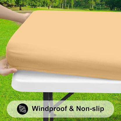 Smiry Rectangle Tablecloth, Elastic Fitted Flannel Backed Vinyl Tablecloths for 8ft Folding Tables, Waterproof Wipeable Table Covers for Indoor, Outdoor, Picnic and Camping (Light Camel, 30"x96")